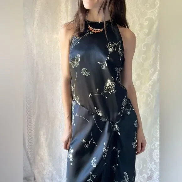 Vintage 90s Black Floral Butterfly High Neck Midi Dress - Picture 10 of 12